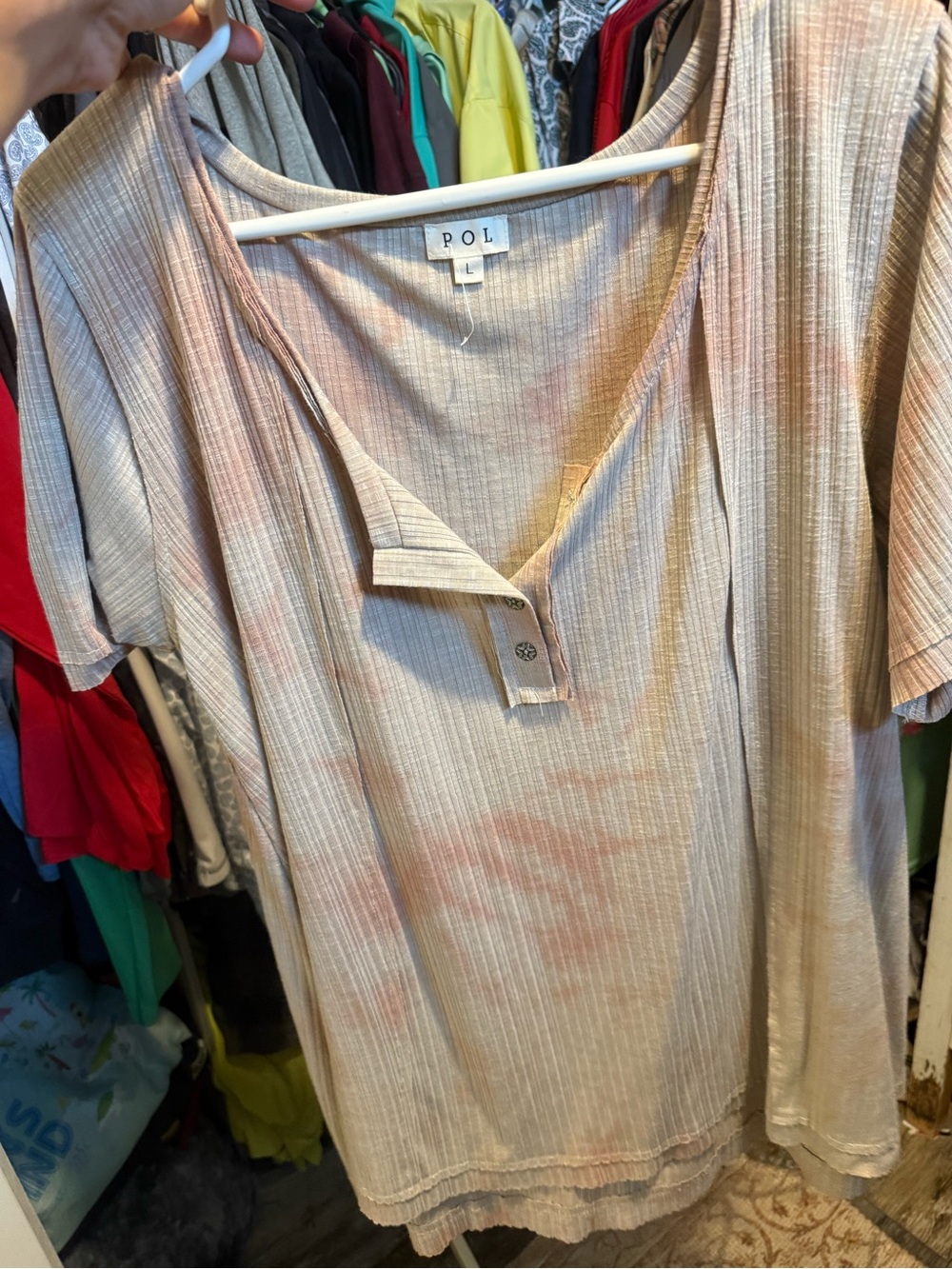 POL Beige Ribbed Short Sleeve Henley Top with Soft Peach Tint